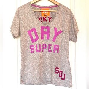 Superdry Grey & Pink High Dry Slouch V-Neck Graphic T Sz M Oversized Soft Girl